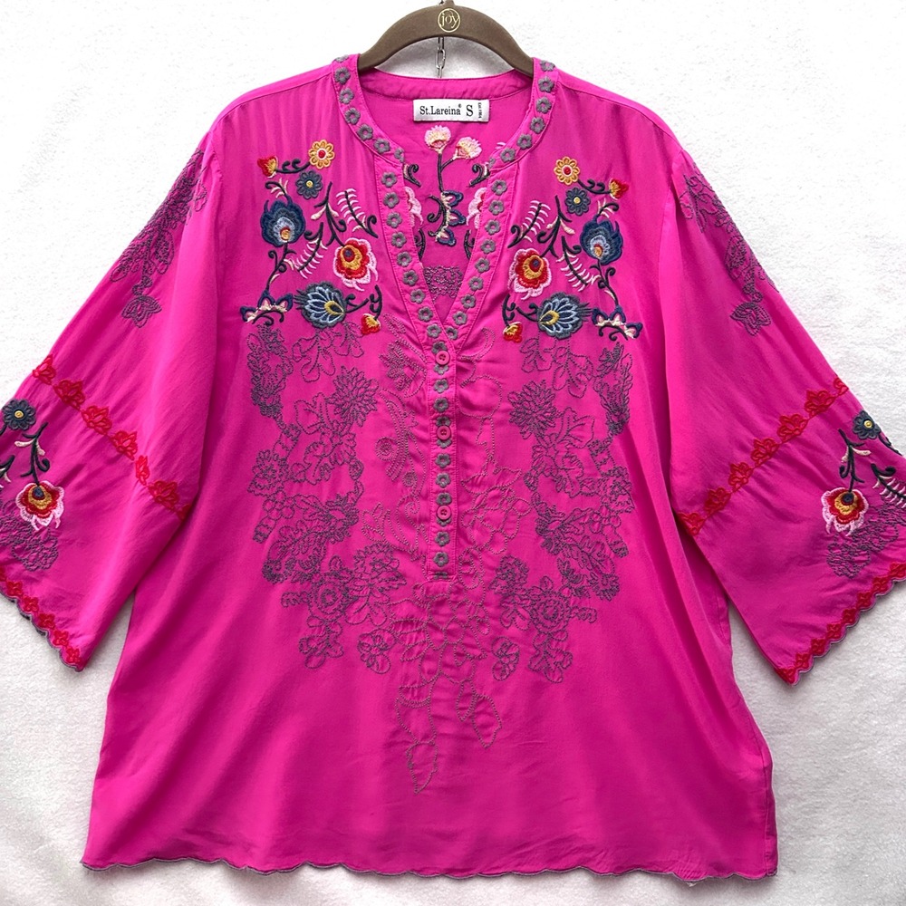 St. Lareina S Hot Pink Embroidered Boho Tunic Blouse Floral Scalloped Hem Small